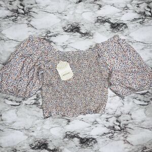 NWT Altar’d State Smocked Top Puff Sleeves White Women M Boho Cottagecore Floral